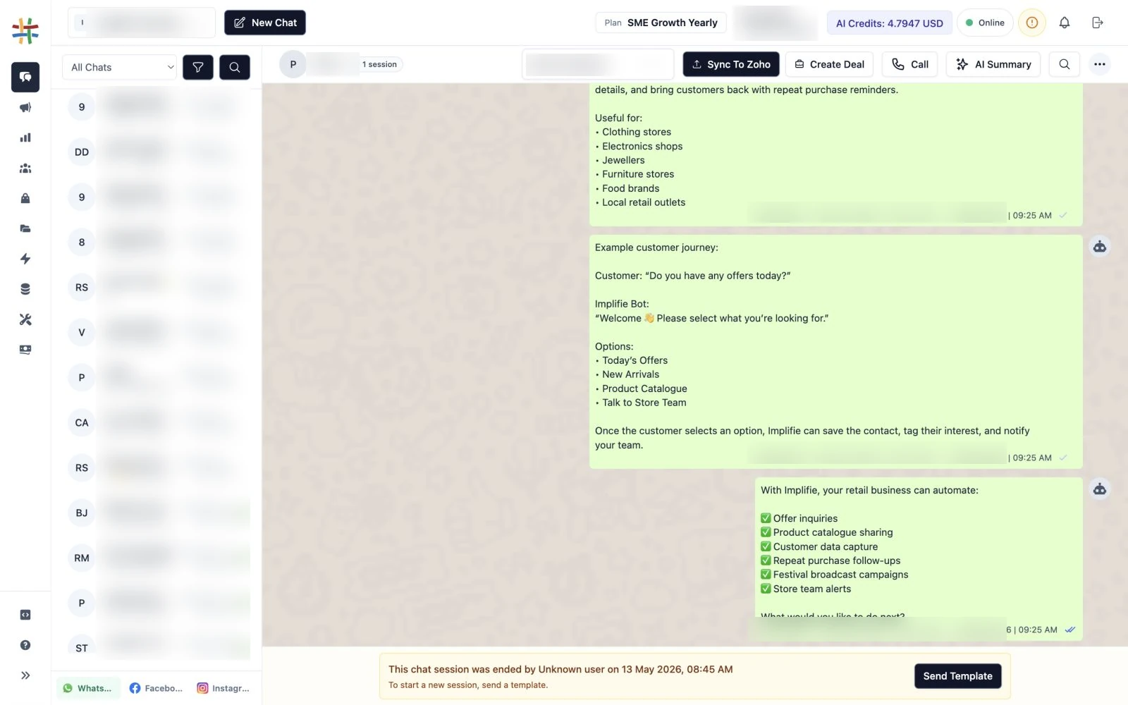 Implifie shared inbox showing a selected customer conversation, team assignment, CRM actions, calling controls, and AI summary assistance