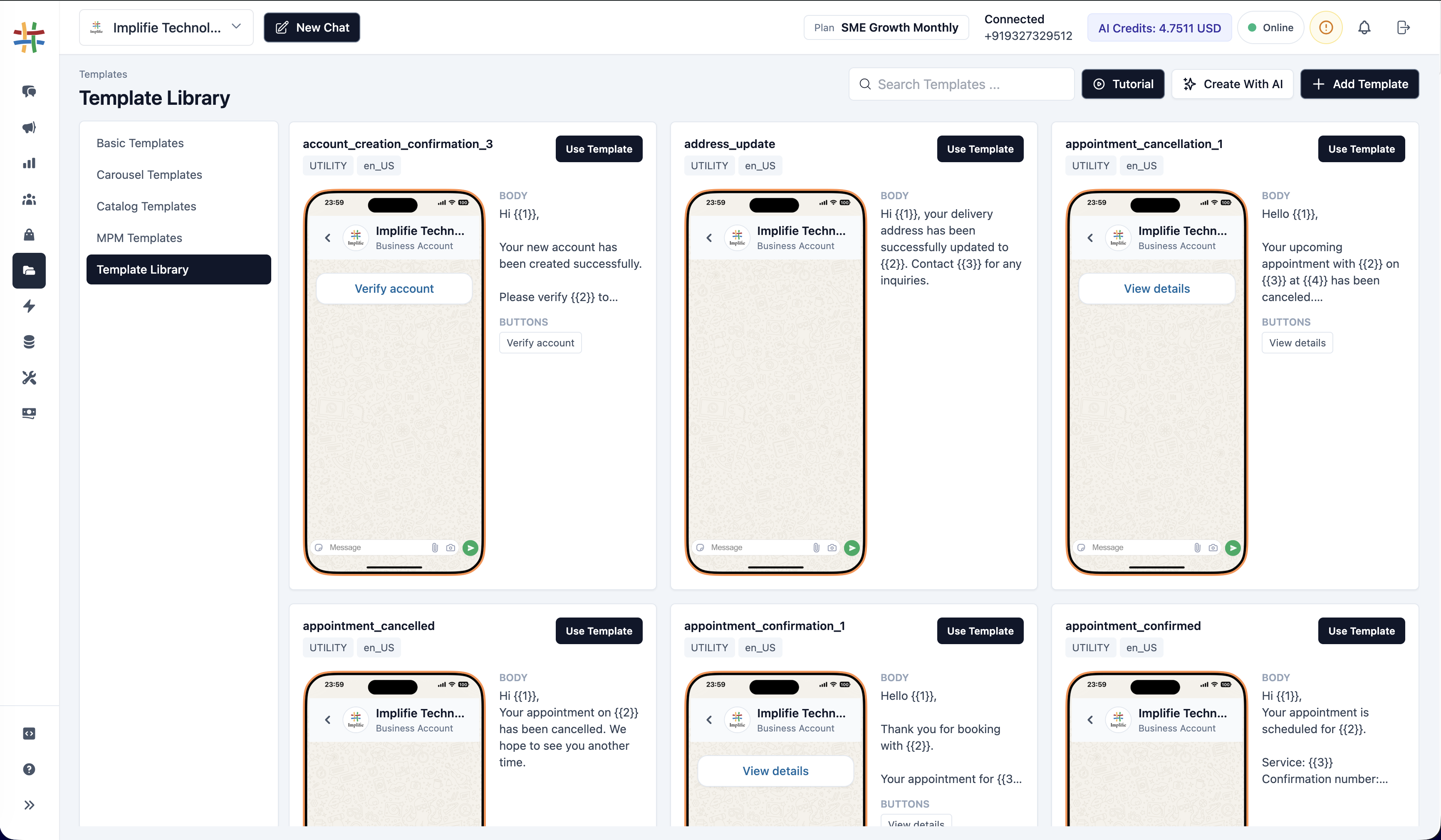 Implifie WhatsApp template library with approved message templates