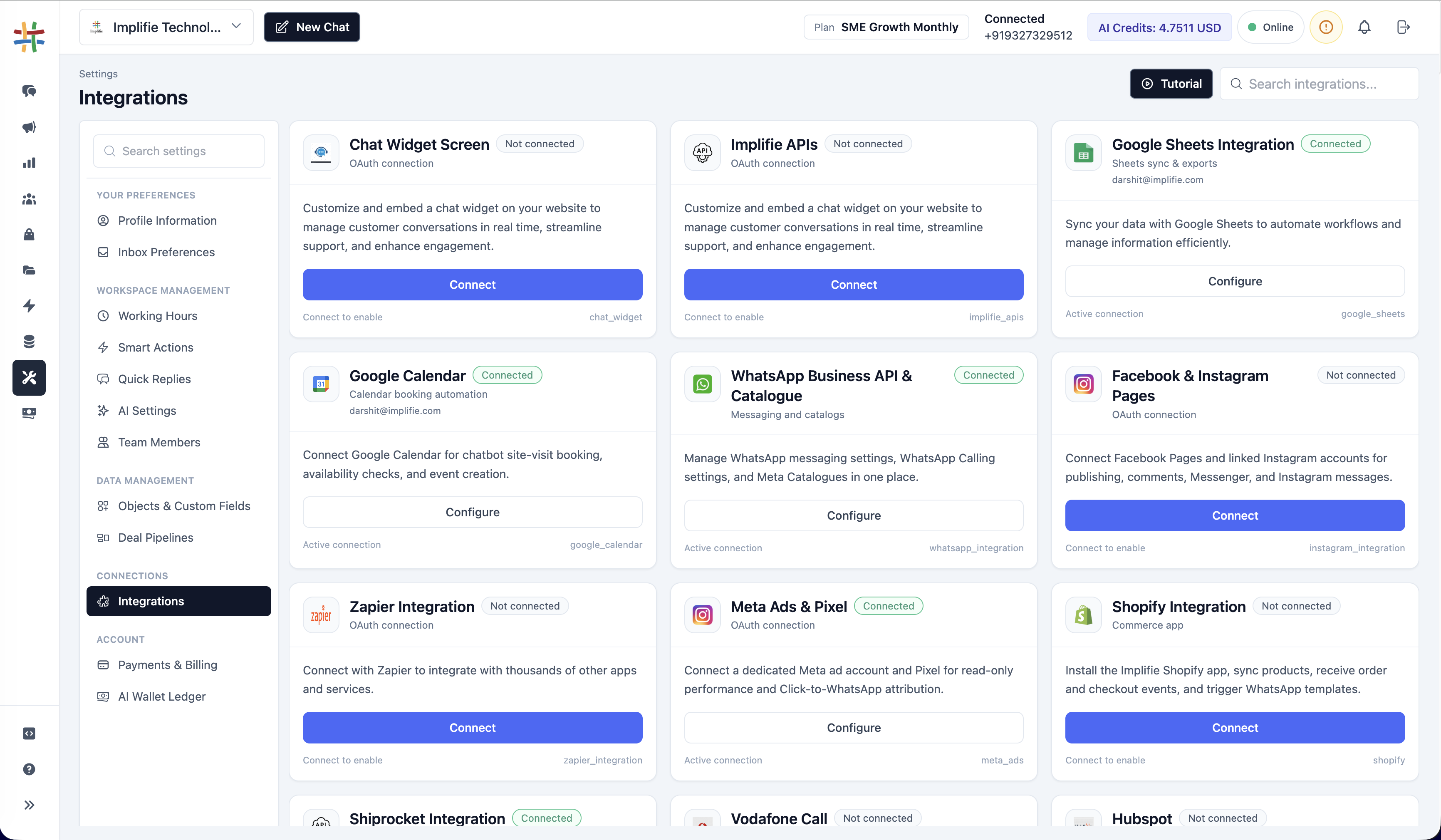 Implifie integrations workspace for sending WhatsApp form responses to business tools